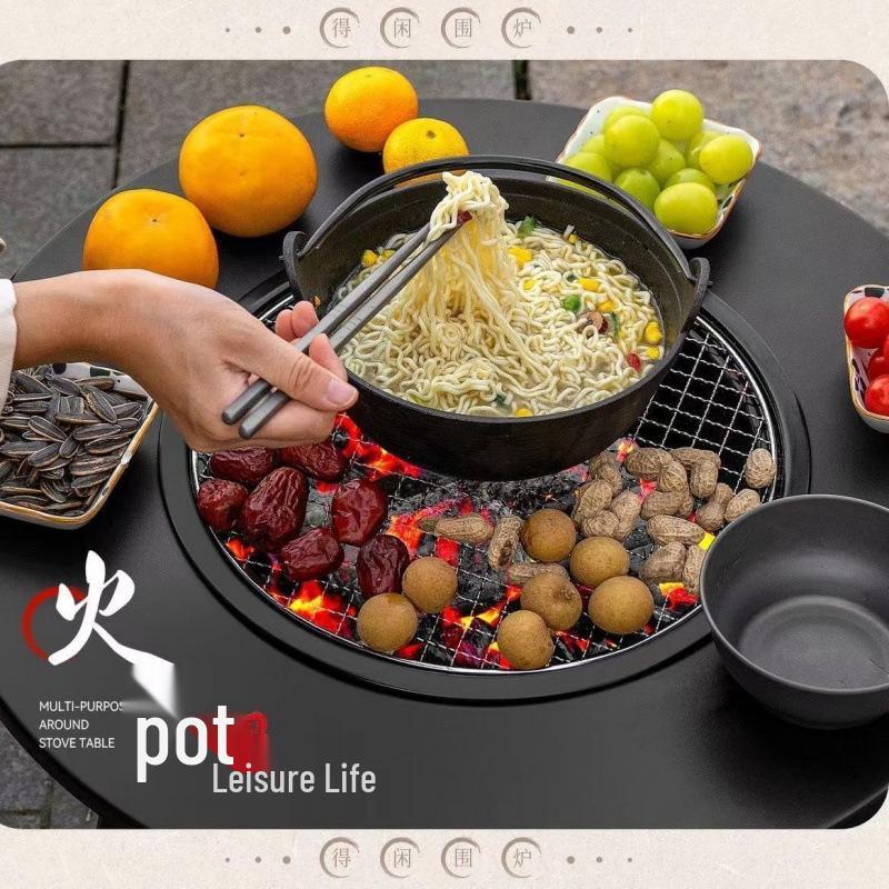 Portable Folding BBQ Grill with Solid Wood Table for Outdoor Picnic and Meat Barbecue