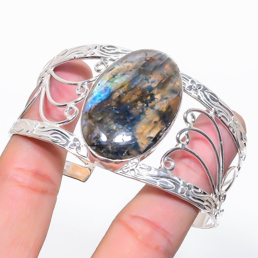 

Natural Labradorite Gemstone 925 Sterling Silver Cuff Bangle Adjustable S9r89