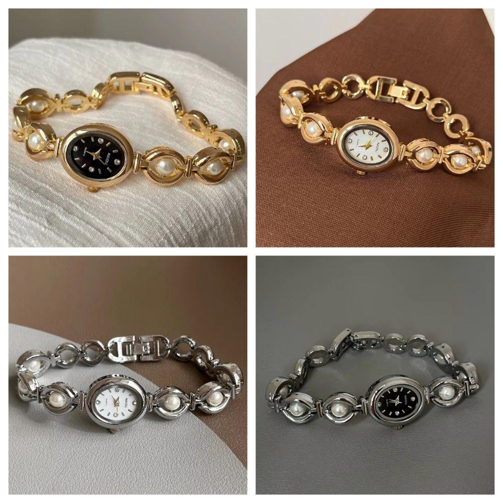 Small Ladies Pearl Bracelet Wristwatch Bead Stylish Oval Watch Women's Quartz Watch  Student