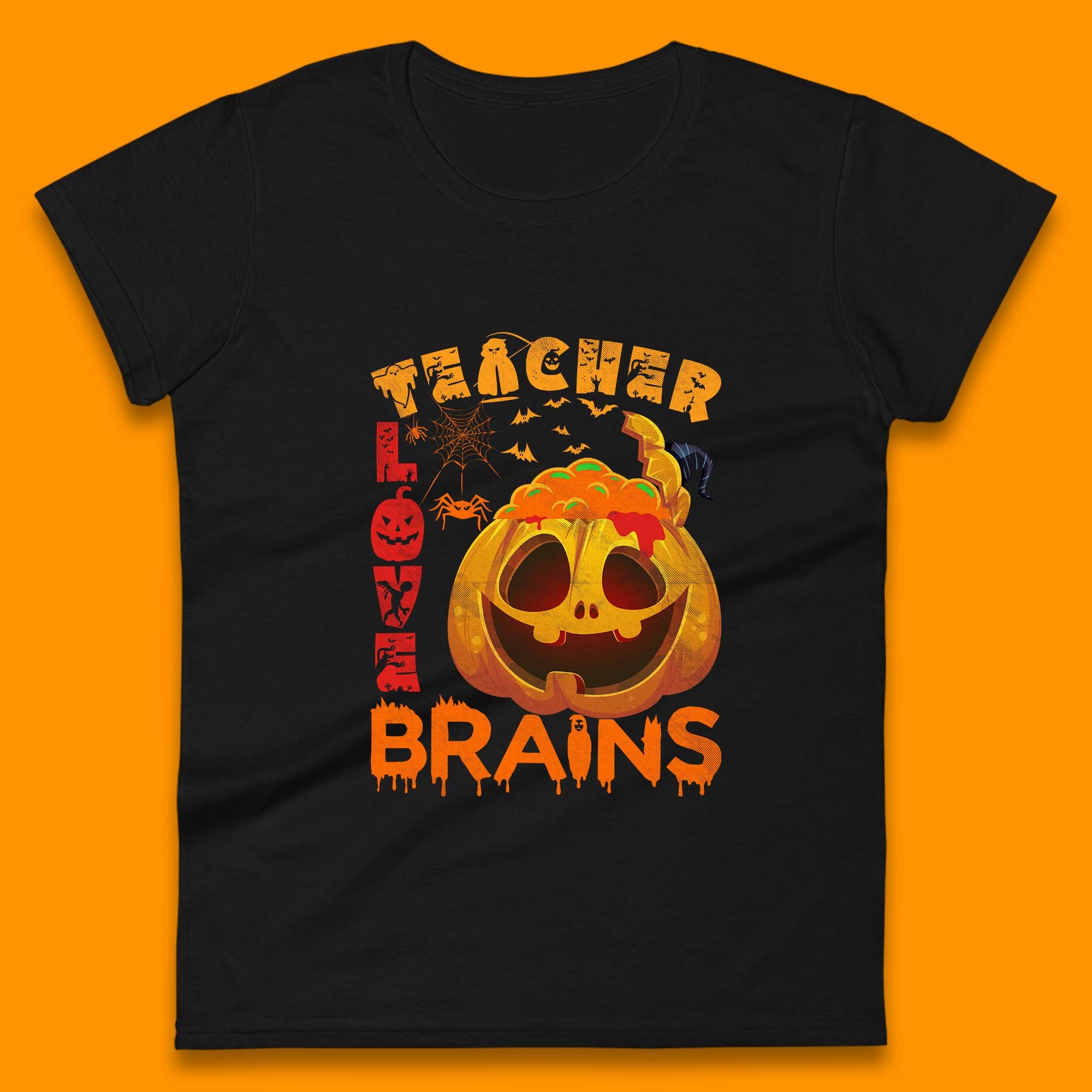 Teacher Love Brain Halloween Spooky Teacher Trick Or Teach Womens Tee T Shirt Mens Tops Unisex Top M