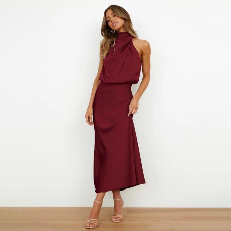 Elegant Women Summer Halter Sleeveless Long A-Line High Waist Solid Color Evening Dresses