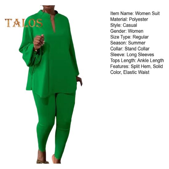 2 Pcs/Set Women Top Pants Set Stand Collar Long Sleeve Loose Split Hem Blouse Elastic Waist Slim Fit Trousers Daily Wear Outfit Summer Clothes