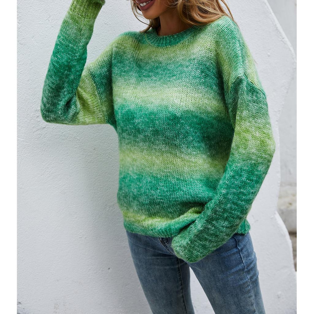 Modny sweter damski z tęczowym wzorem, z obniżonymi ramionami, okrągłym dekoltem i długim rękawem