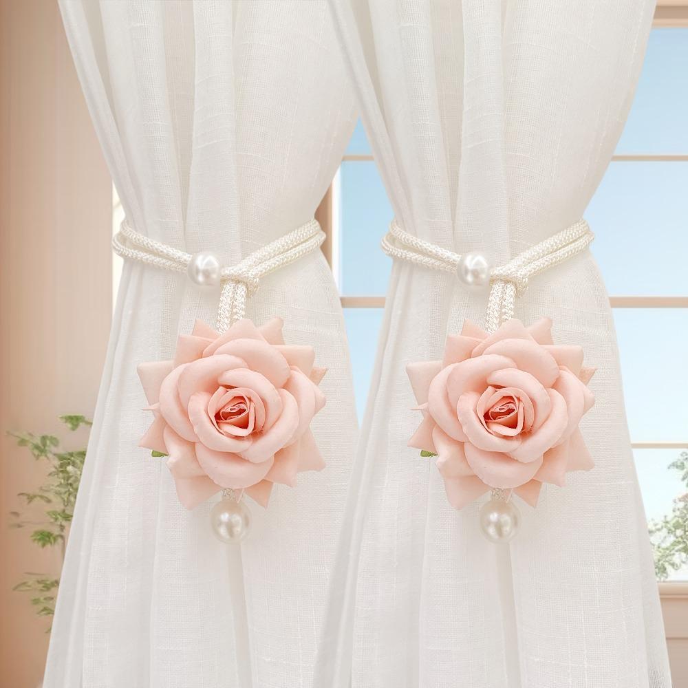 2Pcs Romantic Rose Curtain Strap Gauze Curtain Strap Simulation Rose Valentine's Day Decorative Curtain Strap