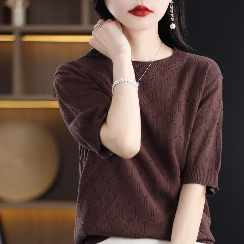 Crew Neck Hollow Knitted Short-sleeved Summer New Solid Color Loose T-shirt Thin Hollow Vest Half-sleeved Top