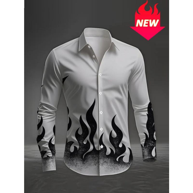 Plus size men's casual long sleeve printed shirt black flames, graffiti style