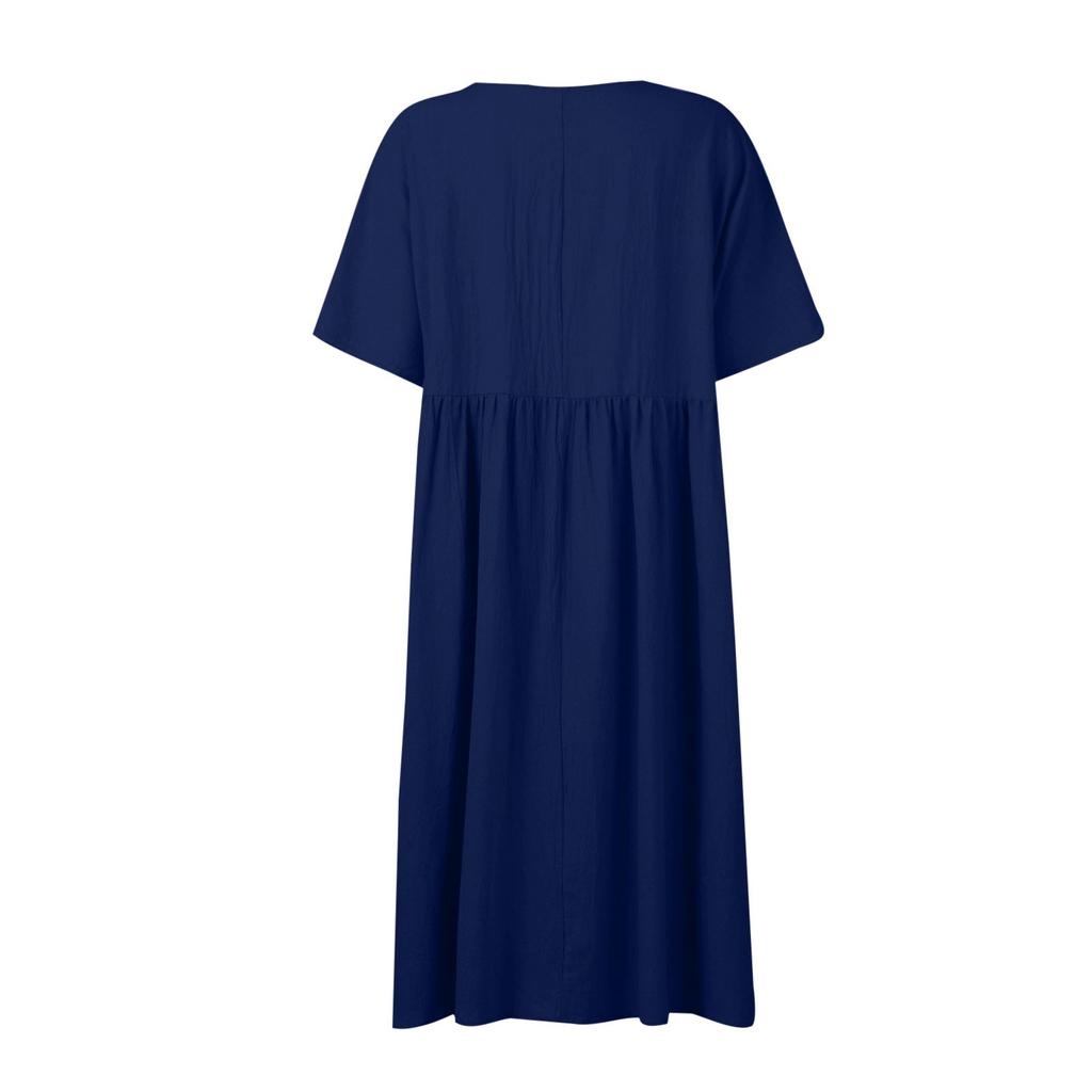 Damen-Sommerkleid, groß, locker, einfarbig, Baumwolle, Leinen, Rundhalsausschnitt, kurze Ärmel, Tasche, mittellanges Kleid