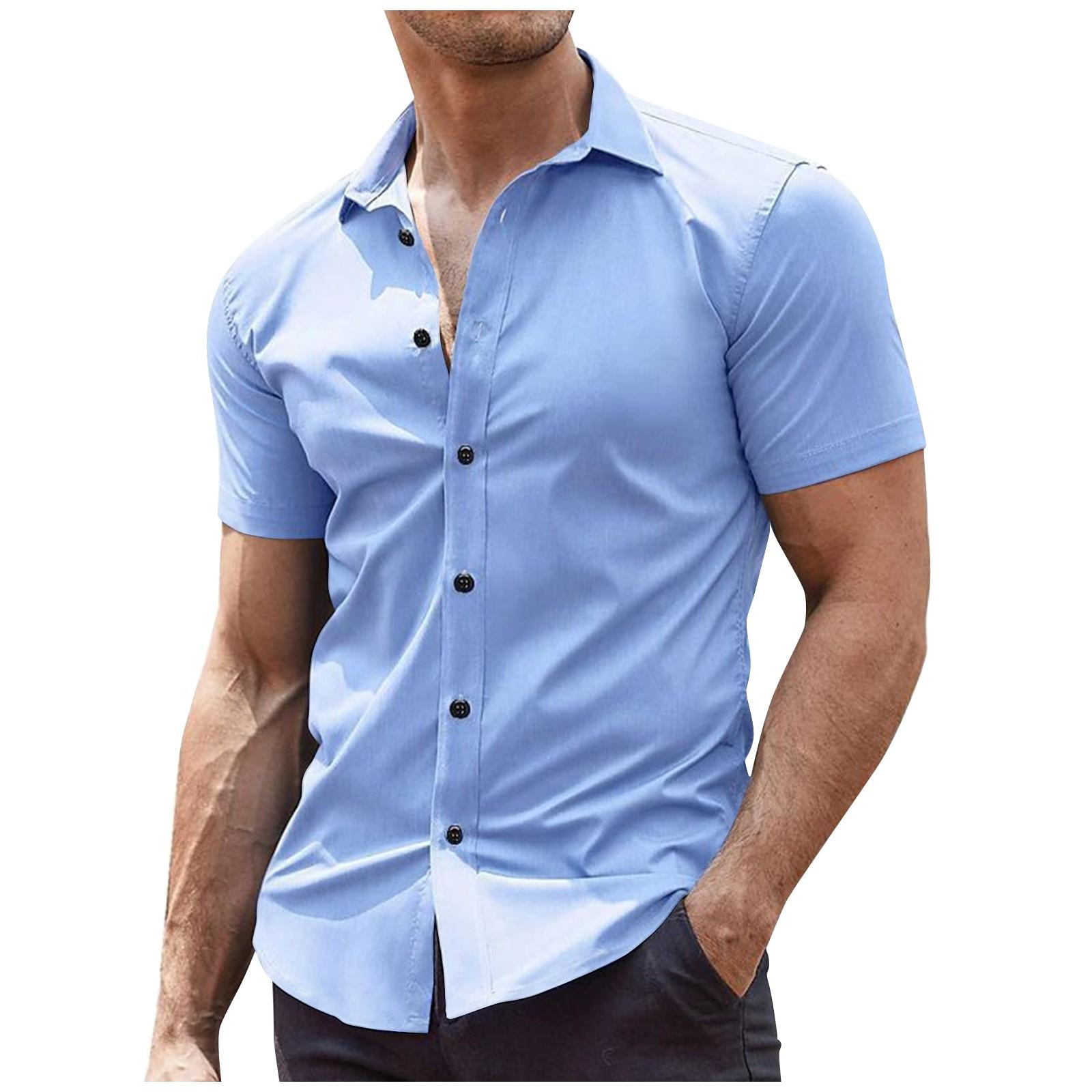 

Летняя мужская рубашка с короткими рукавами и пуговицами с лацканами, однотонный повседневный топ M светло-синий