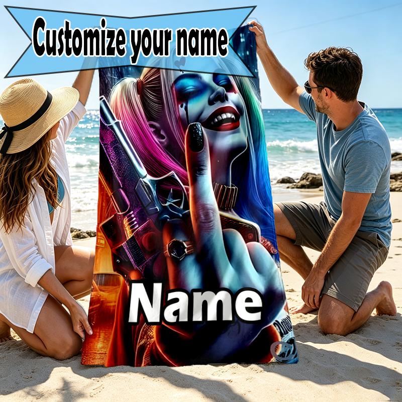 Custom Name Personalized Harley Quinn Joker Print Beach Towel, for Trip Camping Beach Party Home Decor, Birthday Gift for Family & Friends