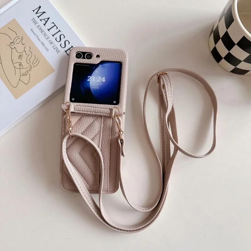 Lanyard Crossbody Wallet Phone Case for Samsung Galaxy Z Flip 6 5 4 3 Flip6 Flip5 Flip4 Flip3 5G Card Slot Holder Leather Cover