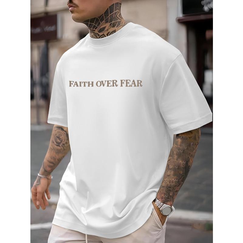 European Sizes "Faith Over Fear" T-Shirt - Men's Casual Short Sleeve Tee with Geometric Pattern