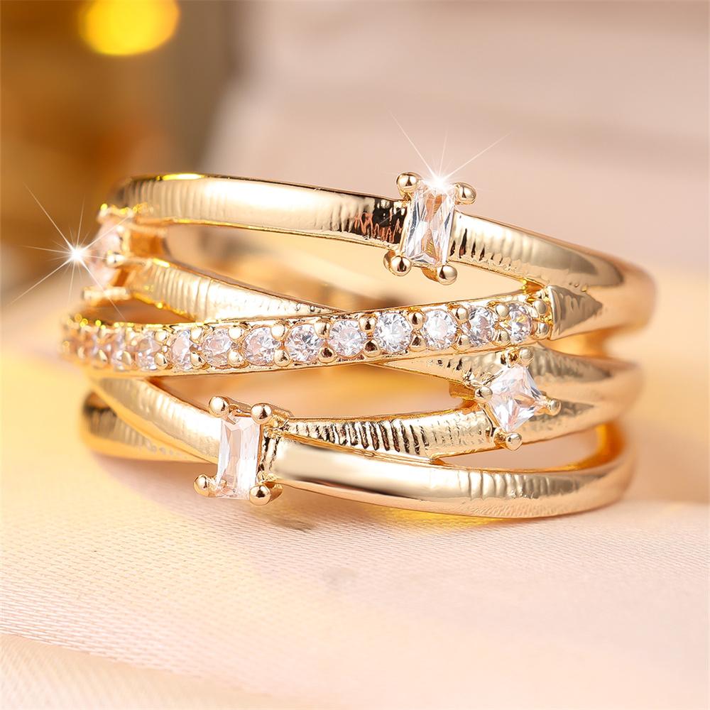 White Zircon Luxury Crystal Geometric Crossed Stone Rings For Women Gold Color Engagement Bands Charm Wedding Jewelry Accessory