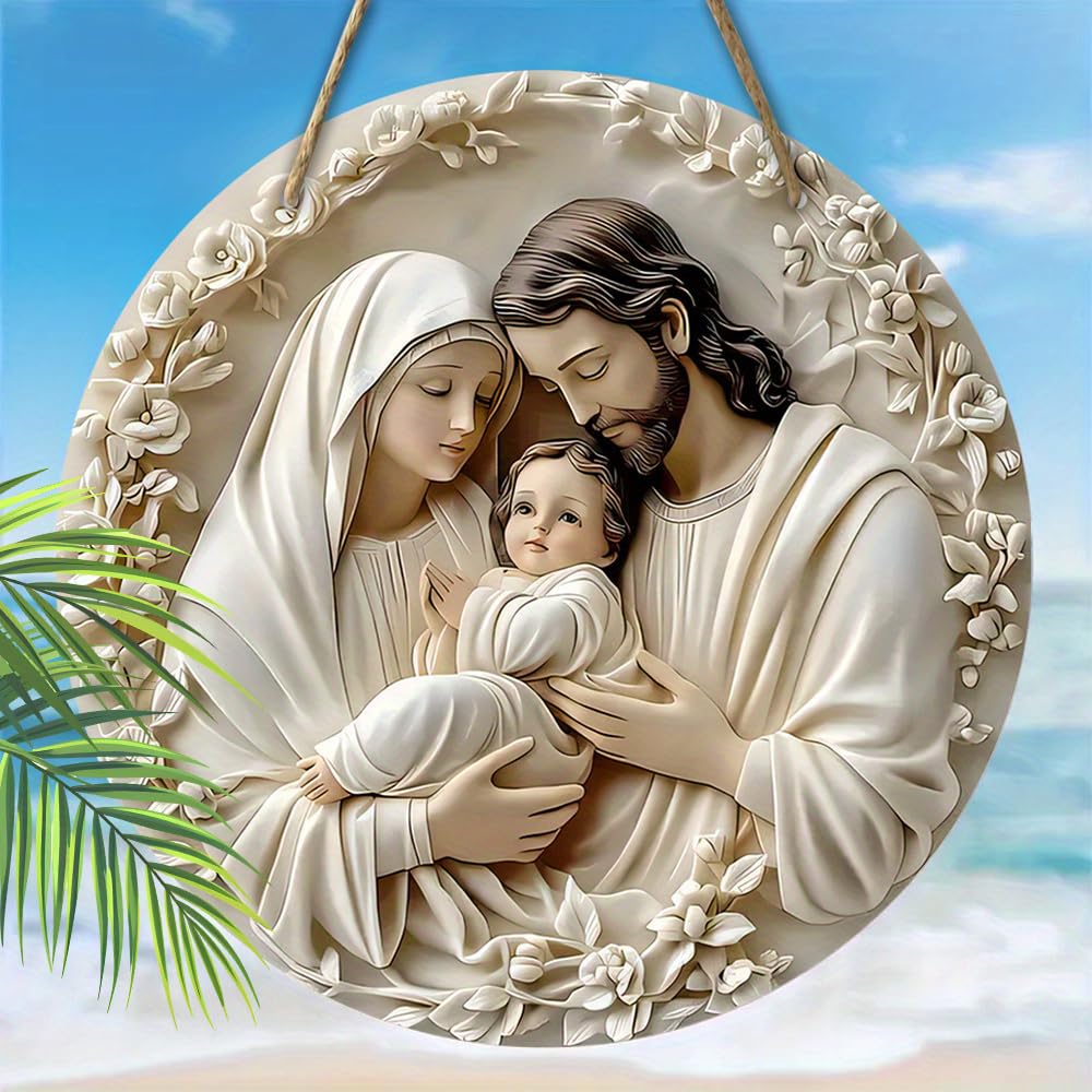 1/2PC 2D Flat Jesus Birth Pendant Religious Art Christmas Wooden Relief Decor Wall Door Living Room Round Hanging Pendant