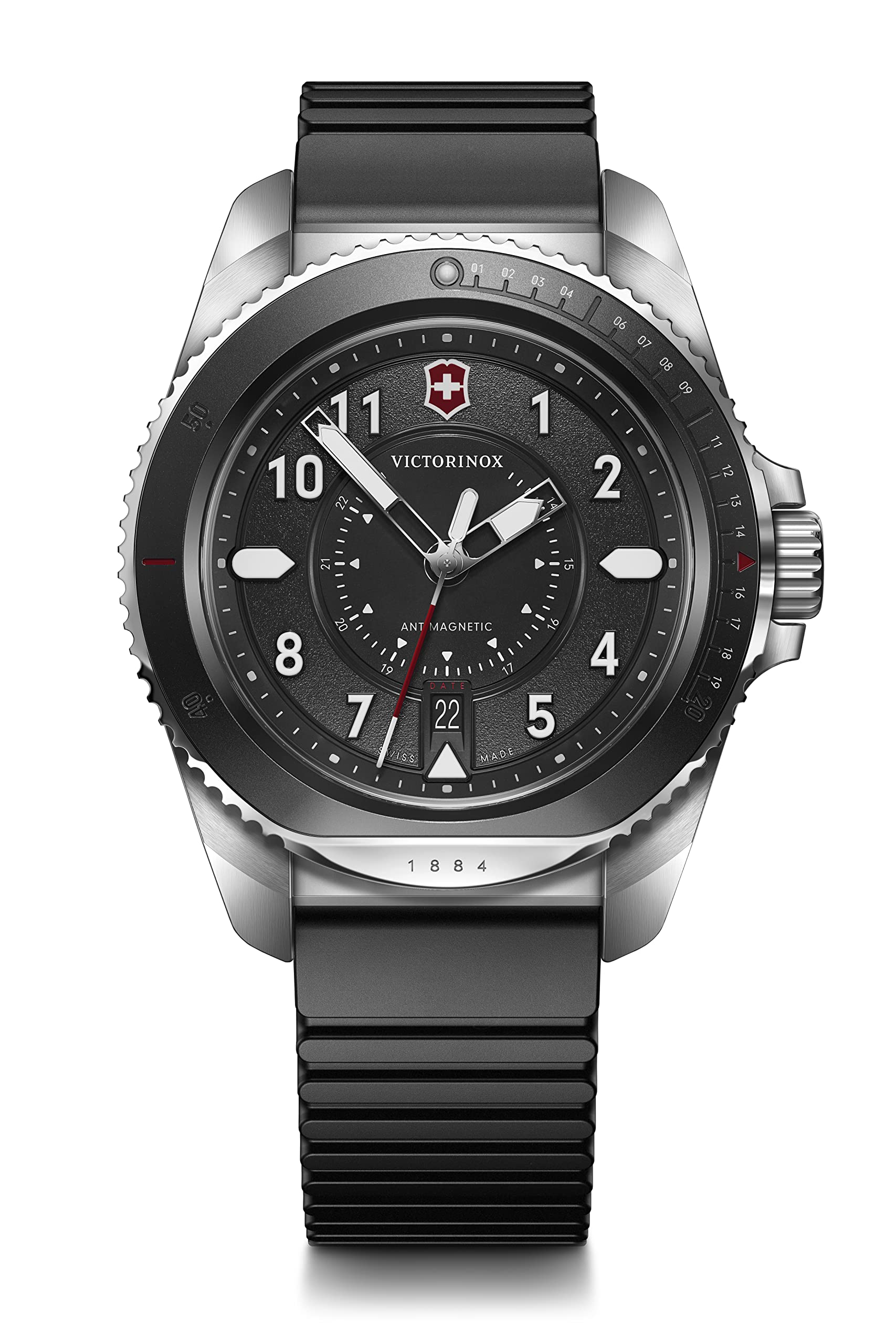 

Victorinox JOURNEY 1884 Men s Watch, Black Dial, 200m Water Resistant, Rubber Strap, and Accessory Wallet Included, Model Number 241976.1, Brown