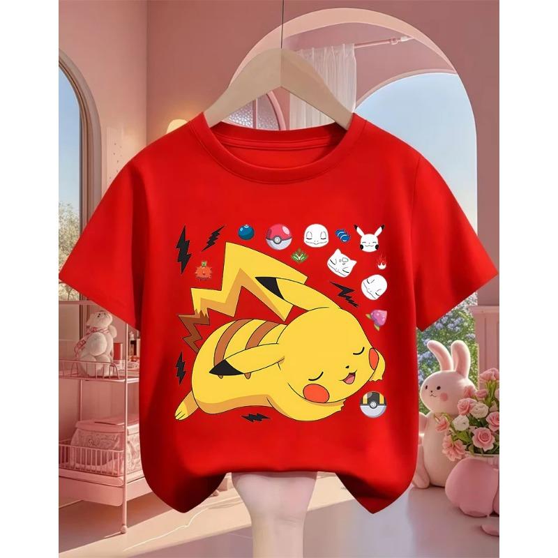 

Summer Cute Fashion Street Trend Children Cartoon Cute Pikachu Round Neck T-Shirt Boys and Girls 100