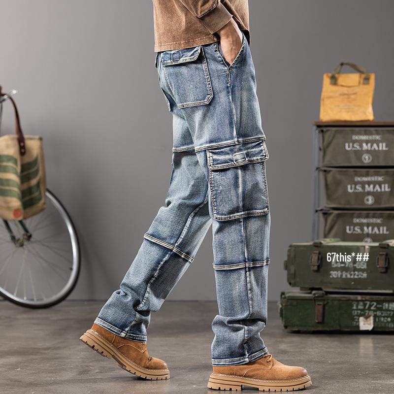 Men's Plus Size Wide Leg Multi-Pocket Workwear Denim Pants