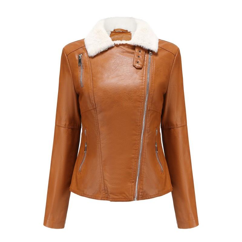 Womens Faux Leather Jacket With Fleece Lining Long Sleeve Warm Outerwear Casual Urban Style