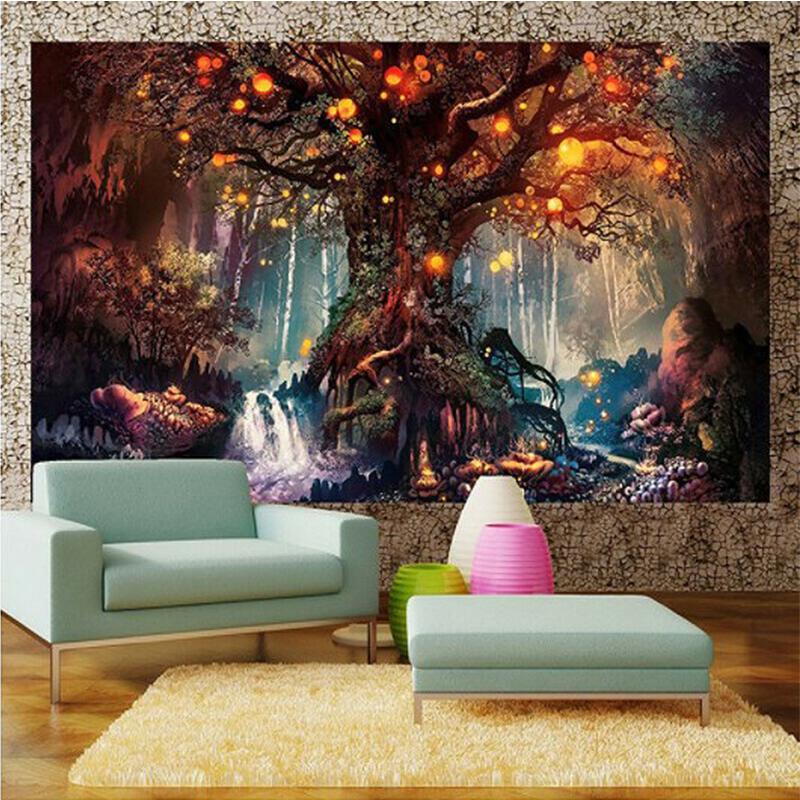 Psychedelic Tapestry Forest Trees and Stars Bedspread Wall Hanging Home Decor