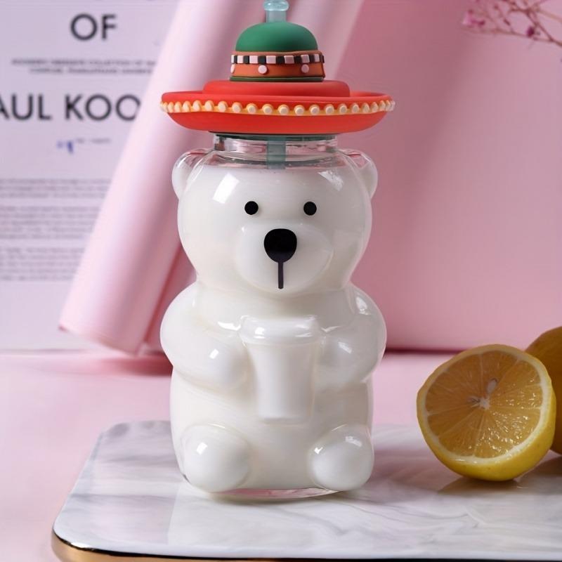 Niedlicher Bär Glasbecher für Kinder Hochtemperaturbeständige Transparente Gläser mit Strohhalmdeckeln Kaffeetassen Getränke Trinkgeschirr Geschenk