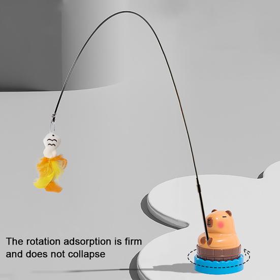Interactive Cat Teaser Wand Cat Toy with Interchangeable Feathered Teaser Heads 360-Degree Rotating Capybara Base Flexible Cat Wand