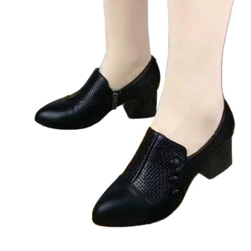 Medium Heel Black Work Thick Heel Small Leather Shoes Women's 2025 Spring and Autumn New Comfortable Mother Shoes Versatile Medium Heel Shoes Sing