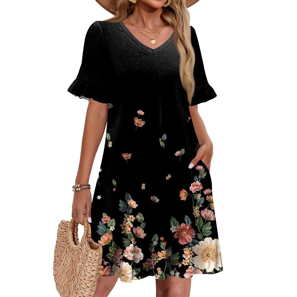 Women A Line Sun Dress Short Sleeve V Neck Printed Dress With Pockets