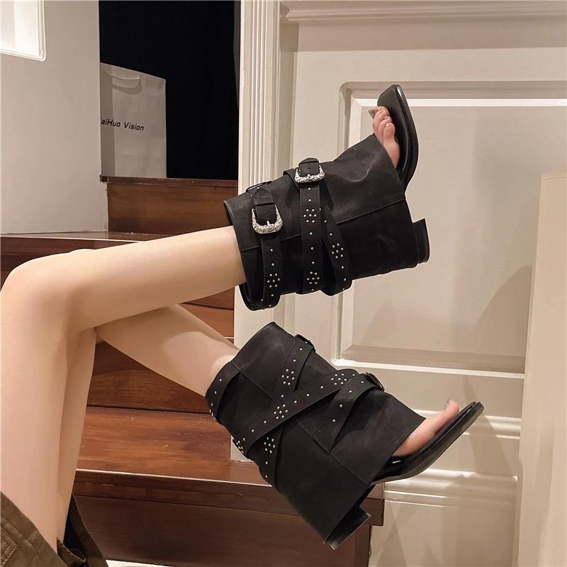 Women's clip toe cool boots 2025 fashion rivets metal buckle open toe mid-calf boots casual high heel square head boots sandals
