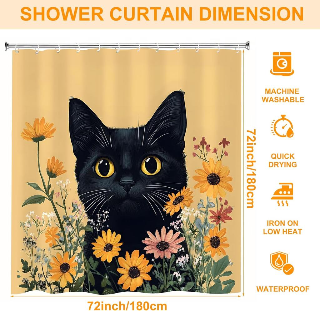 Black Cat with Flowers Shower Curtain,Bathroom Shower Curtains Bathtub Home Decor Waterproof Fabric Machine Washable with 12 Hoo