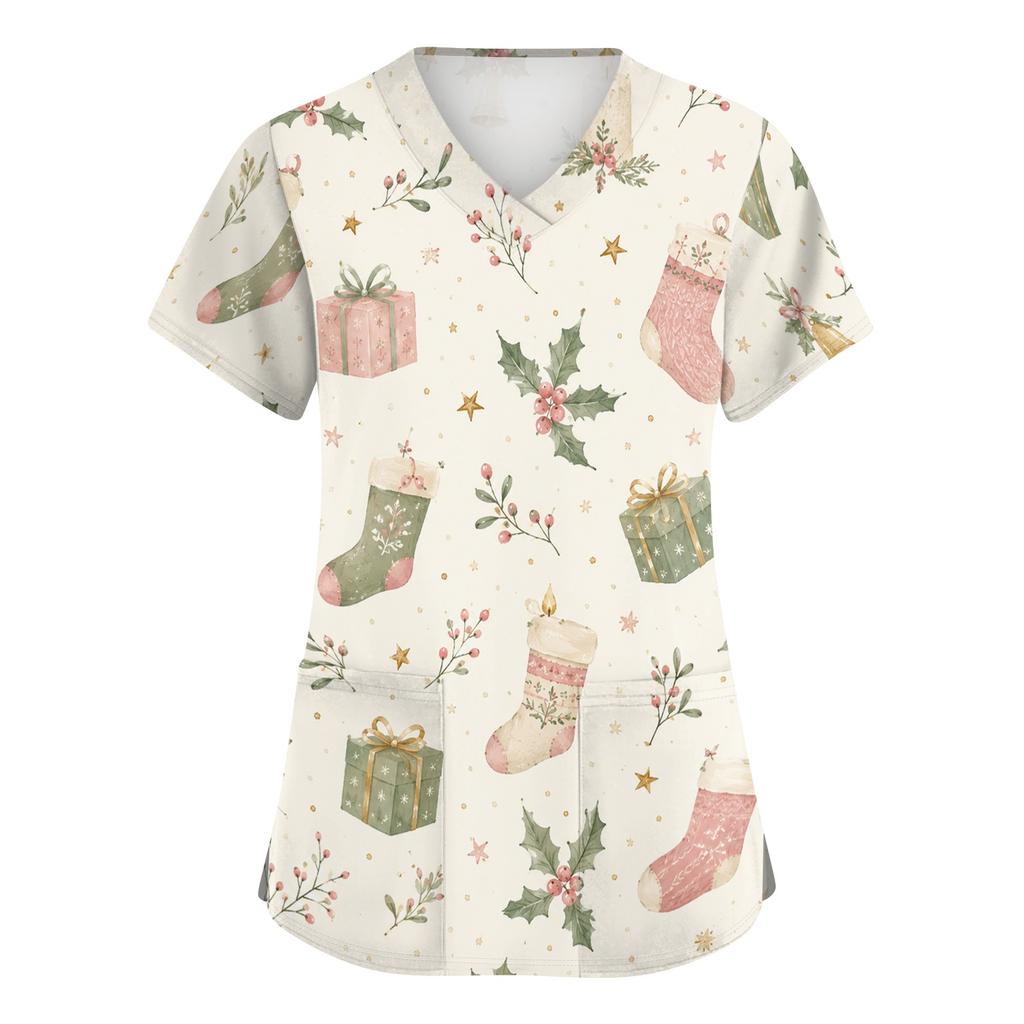Women's V-Neck Christmas Print Scrub Top Short Sleeve Uniform with Pockets and Side Slits