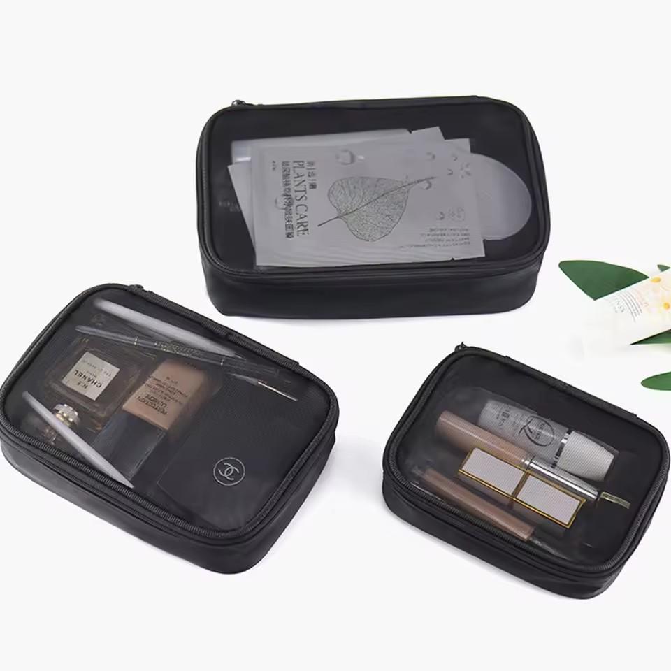 Black Women Makeup Bag Women Solid Color Zipper Cosmetic Bag Mesh Transparent Casual Travel Portable Mini Wash Storage Bags