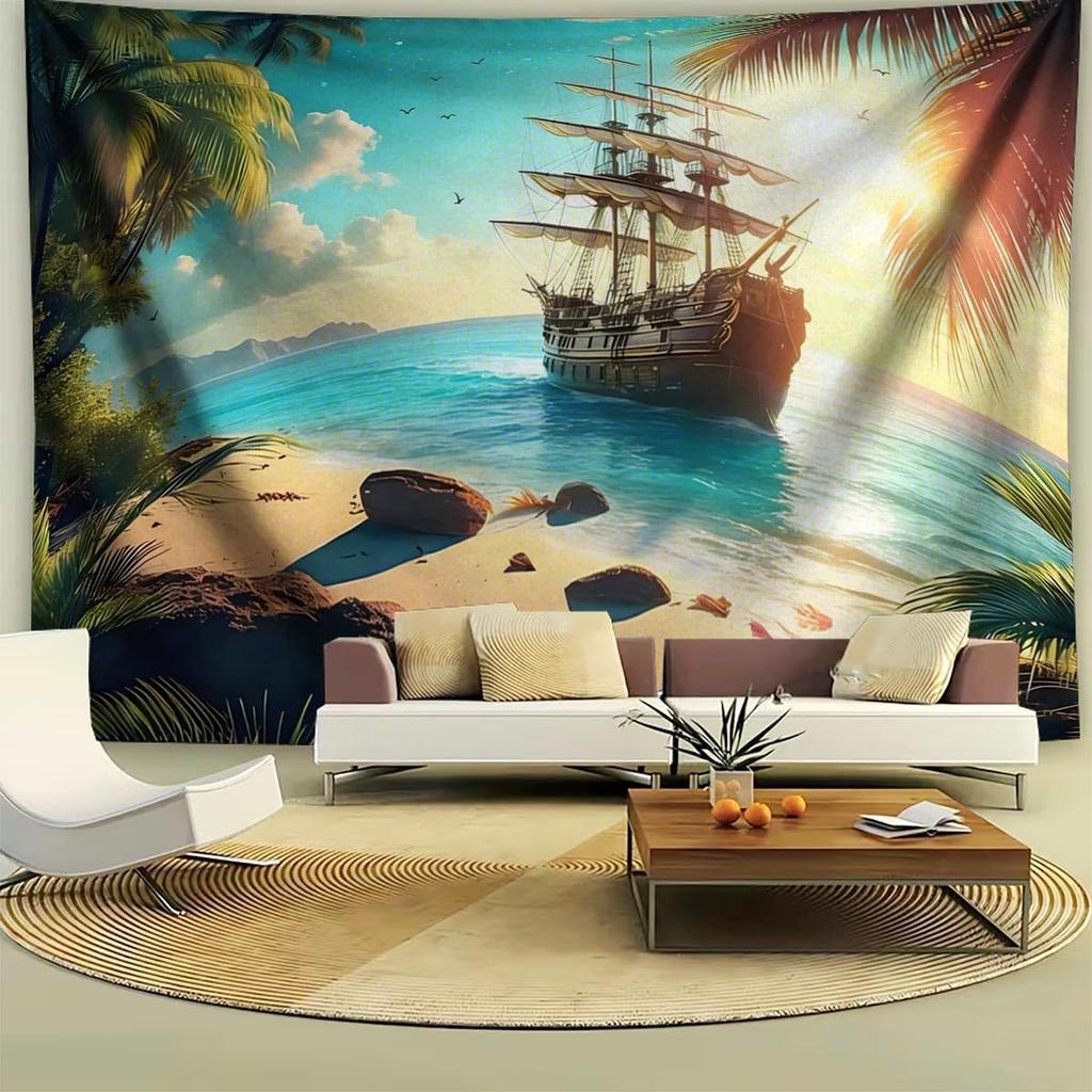 Nautischer Wandteppich Vintage Geistersegelboot Wandkunst Fantasie Meeresstrand Szenerie Nautisches Piratenschiff Welle Segeln Wandbehang