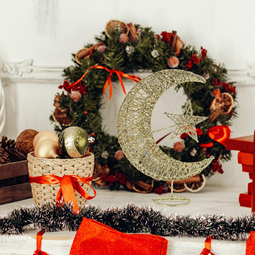 20Cm Silver Wrought Iron Tree Top Star Glittering Moon Design Christmas Decoration for Home Party Office Hotel Decor Festive