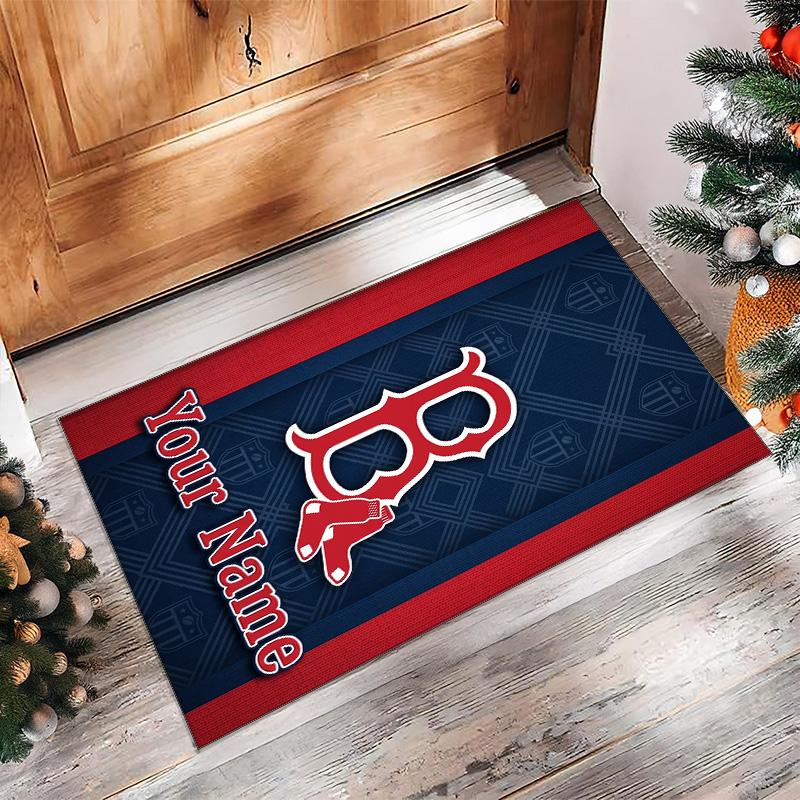 Boston Red Sox Crystal Velvet Rug, Custom Name Text Personalized Non‑Slip Floor Mat for Home Decor Gift