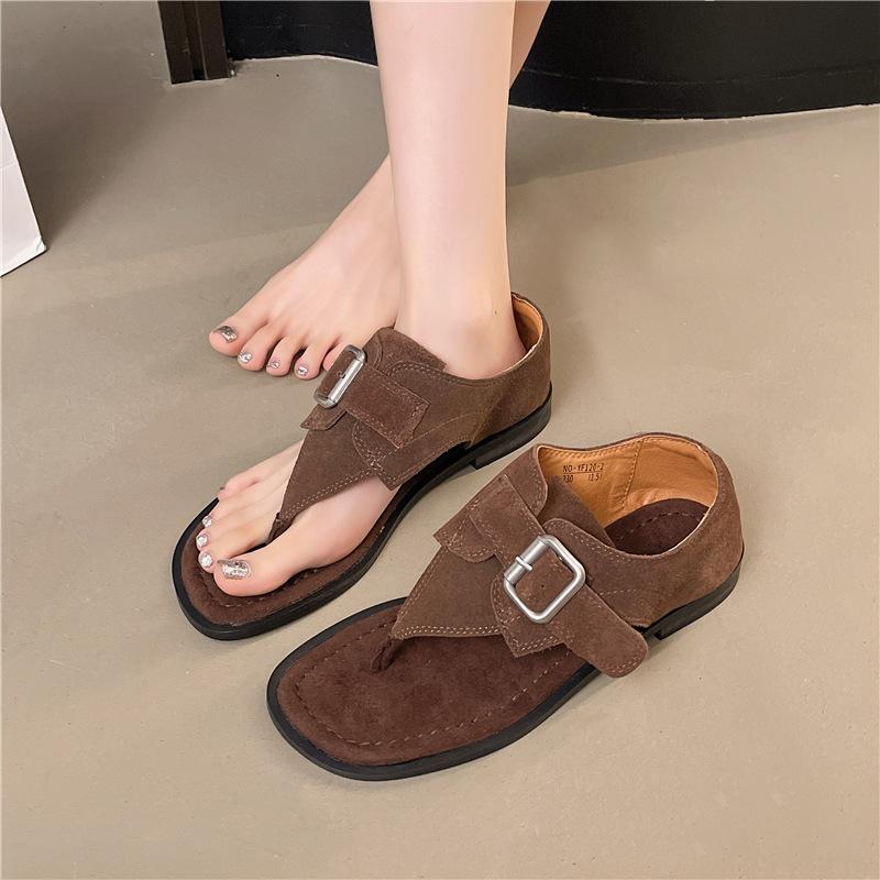 European and American new temperament square head metal buckle Roman style sandals women's character toe retro open-toed low-heeled shoes