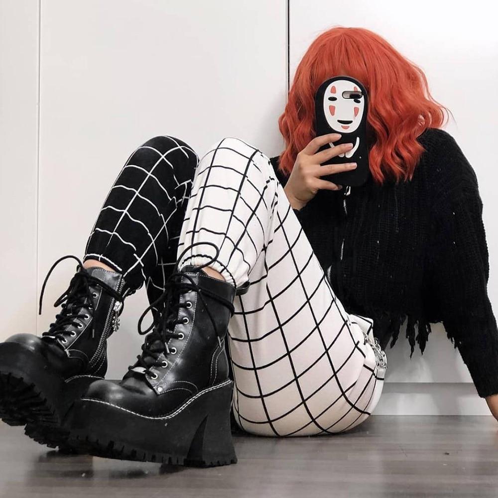 Vintage Plaid Patchworkowe spodnie Harajuku damskie spodnie gumki spodnie z wysokim stanem przyczynowe proste spodnie w szachownicę w kratę Prited