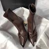 2025 Neue Vintage Braune Damen Stiefeletten Mode Elegant Spitzschuhe Herbst Winter Hoher Absatz Damen Designer Kurze Stiefeletten