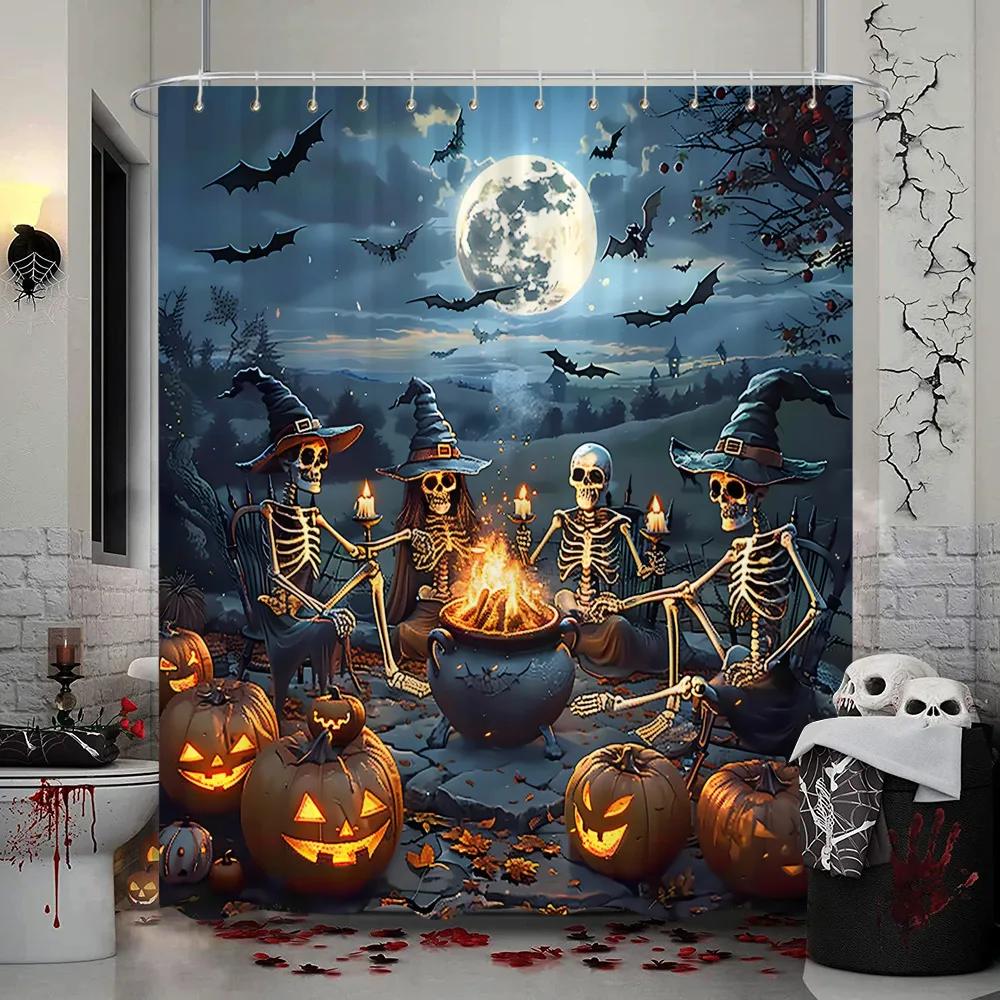 Halloween Shower Curtain Trick or Treat Skeleton Naughty Elf Castle Pumpkin Polyester Shower Curtains Bathroom Decor