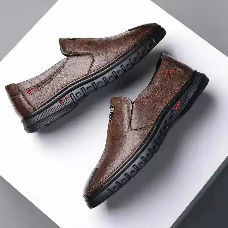 2024 Autumn Men's Casual Shoes Fashion Comfortable Leather Shoes for Men Soft Bottom Business Leather Slip-on Flat Shoes Hombre