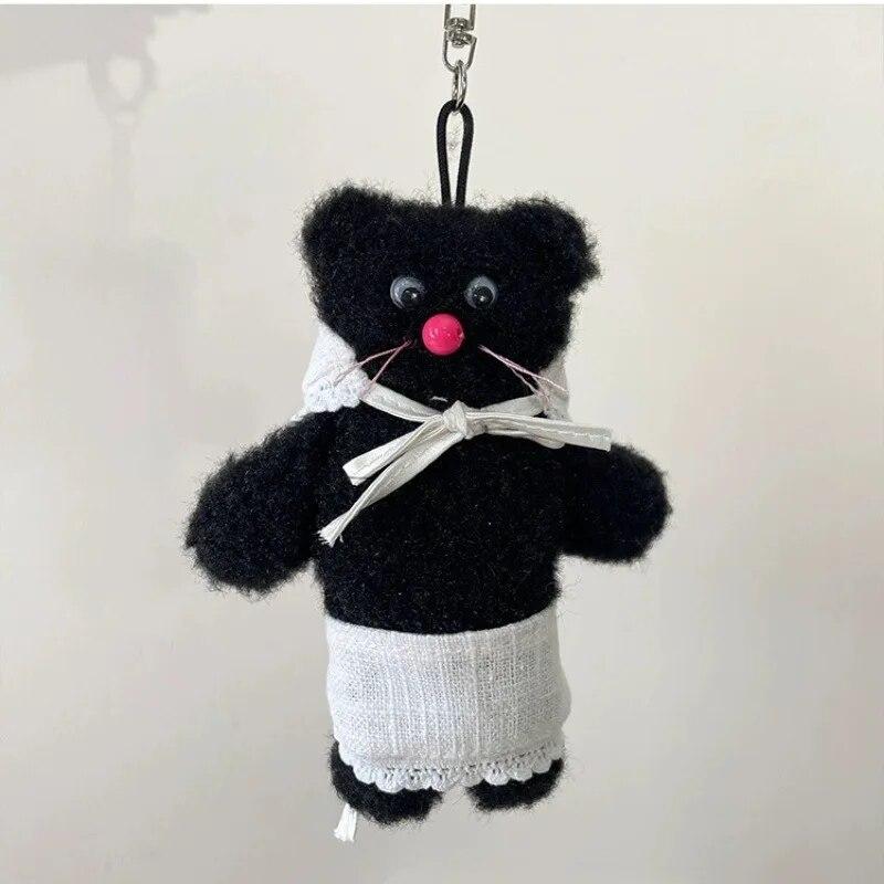 Cute Black Bear Apron Head Cover Plush Keychain Backpack Pendant Fashion Car Keyring Boy&Girls Women Bag Accessories