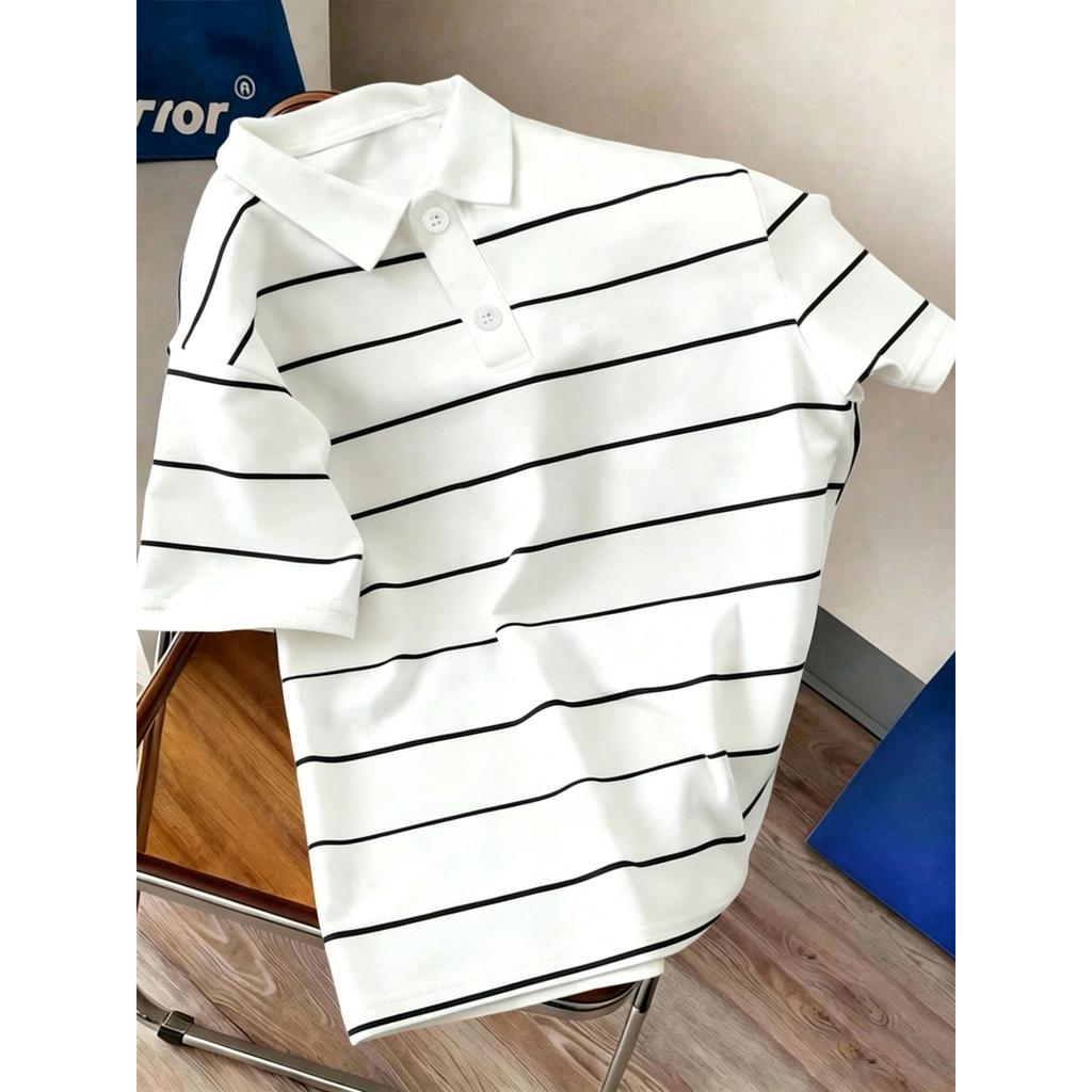 Stylish striped short-sleeve polo shirt, casual and versatile for daily wear.