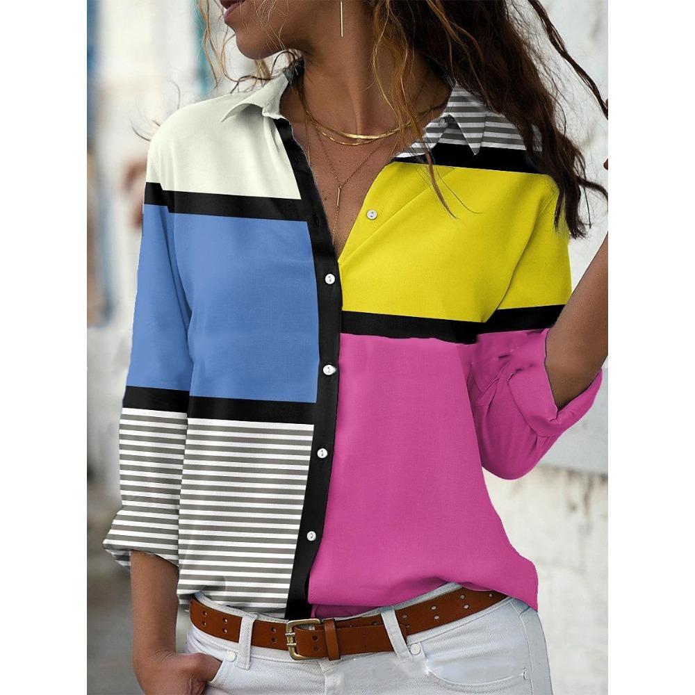 Summer Women's Shirt Flower Graphics Blouse Lapel Neck Blouse Women's Long Sleeve