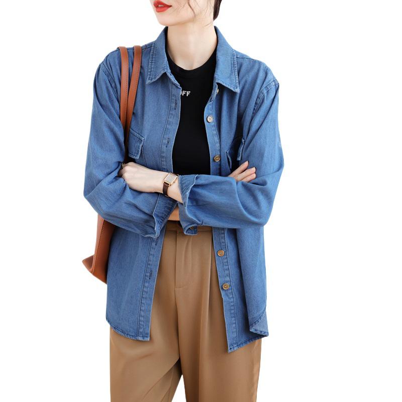 2024 Women's Korean Style Layered Denim Shirt Jacket - Loose Fit, Slimming Design for Spring & Autumn