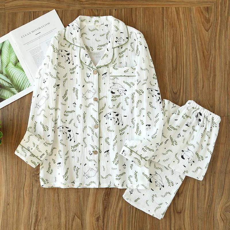 Neues Pyjama-Set für Damen, 100 % Baumwollkrepp, Blumenmuster, schlichtes, langärmeliges zweiteiliges Pyjama-Set