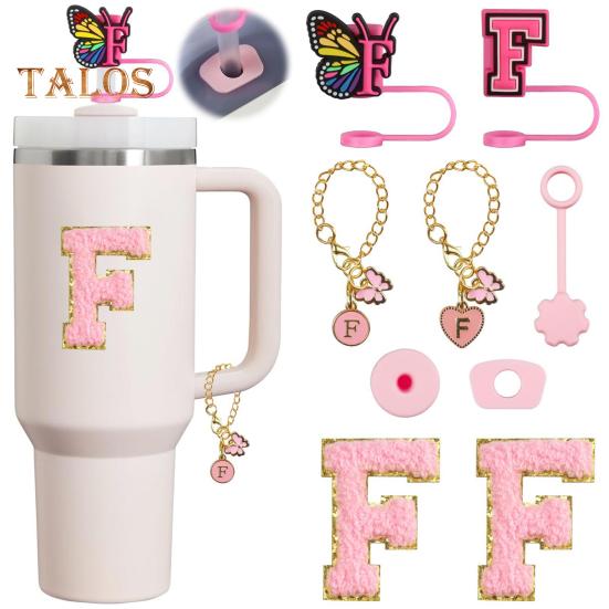 Set de dop de paie portabil de 9 buc. Accesorii pentru paie cu litere, design fluture, pentru cești de 30 oz 40 oz, capace reutilizabile din silicon pentru capace de paie.