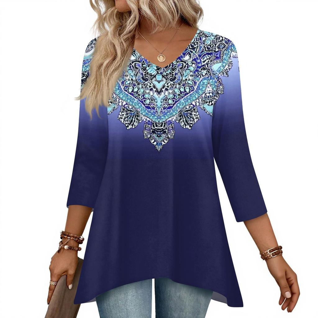 Dámské topy s výstřihem do V a 3/4 rukávem, ležérní košile střední délky, módní tuniky s potiskem