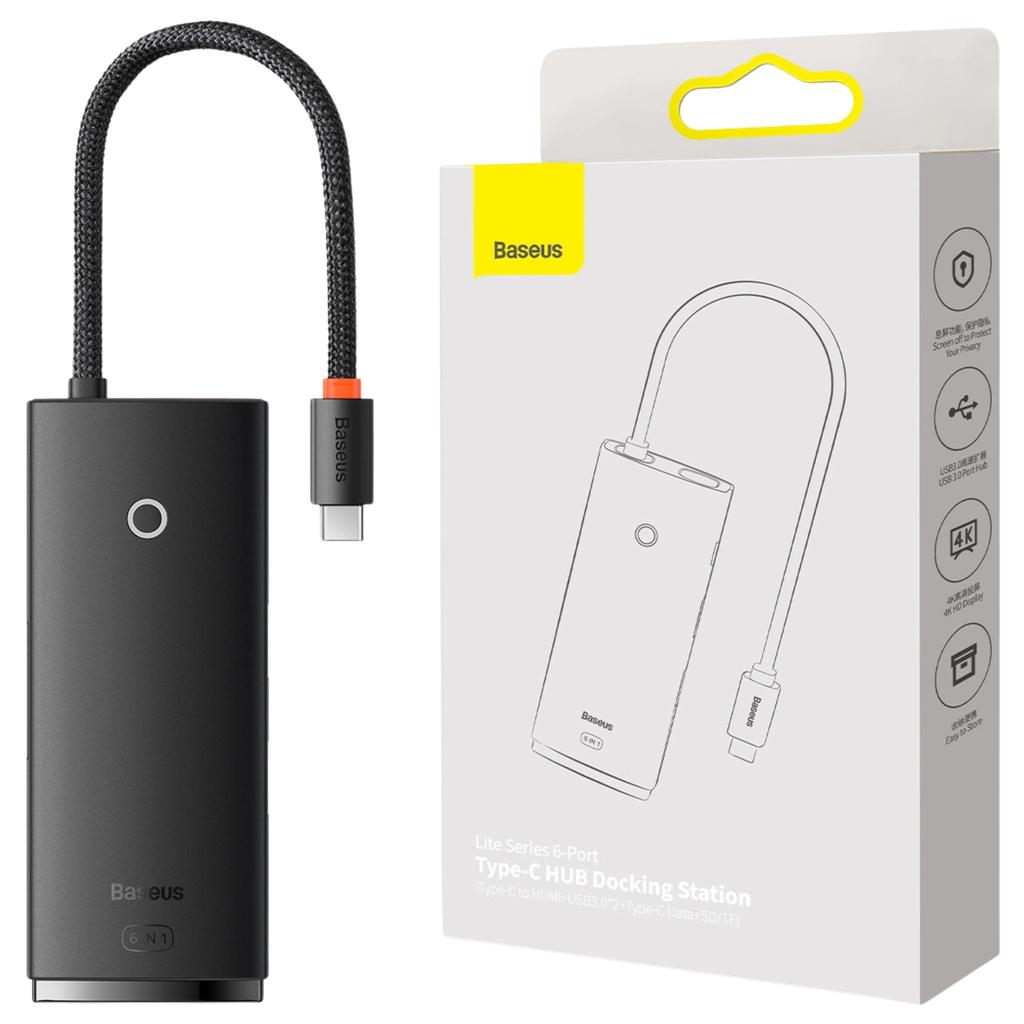 Hub 6W1 Baseus Lite Series Usb-C Do 2X Usb 3.0 + Usb-C + Hdmi + Sd/Tf (Czarny)