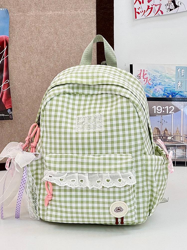 School bag new fresh plaid lace backpack, versatile for daily use, large capacity for outings, commuting, student backpack