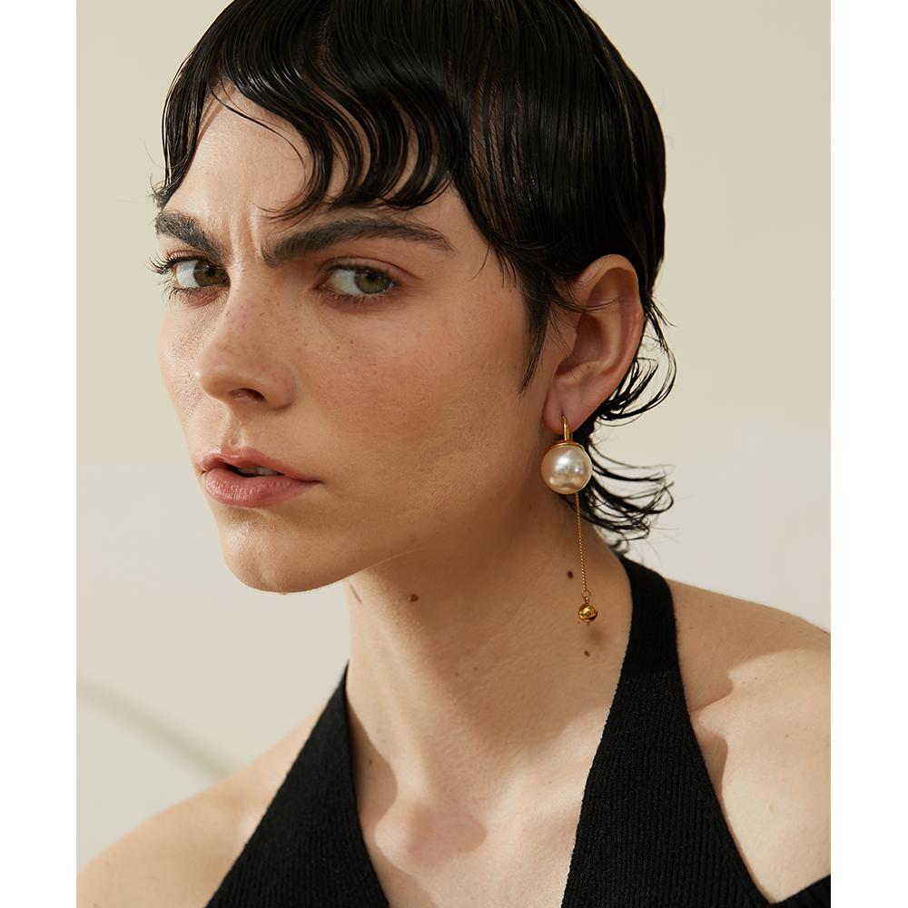 Yhpup Korean Imitation Pearls Chain Long Drop Stainless Steel Earrings Temperament Geometric Fashion Chic Party Jewelry Women