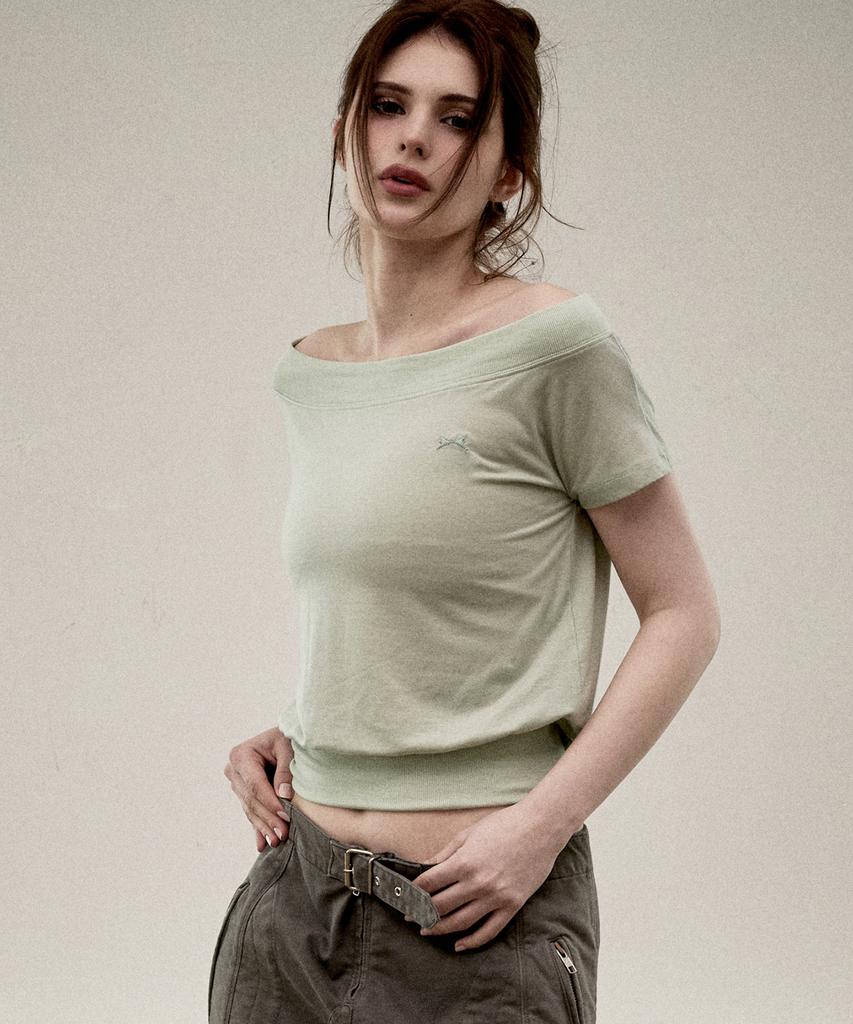 KITTY POTTERY Sheer Off-Shoulder Short-Sleeve T-Shirt [Ice Lime]