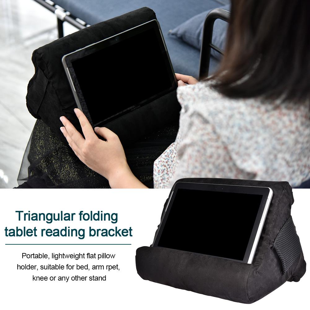 Electronic Book Reader and Tablet Folding Triangular Durable Flat Bracket Multi-Angle Soft Support Pillow Lap Stand with Small Pockets for iPad